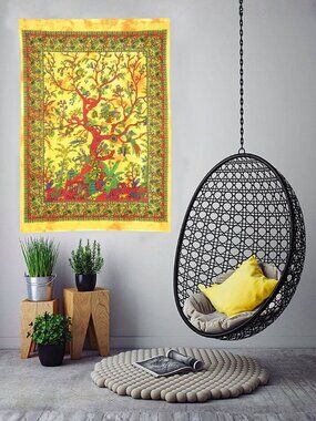 Oussum Wall Hanging Cotton Tree of Life Poster Yellow & Golden Tapestry